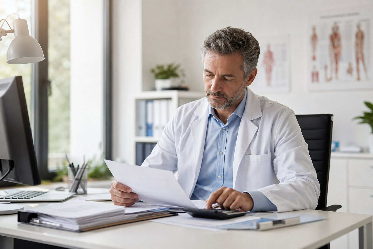 Doctor Reviewing Medical Invoice at Desk